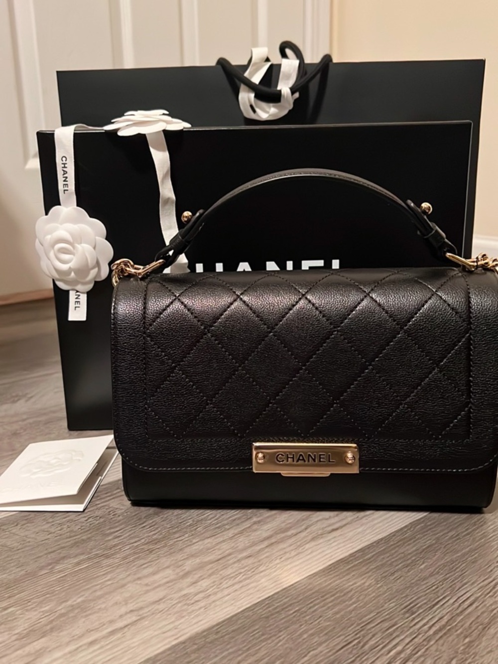 CHANEL TOP HANDLE LABEL FLAP BAG